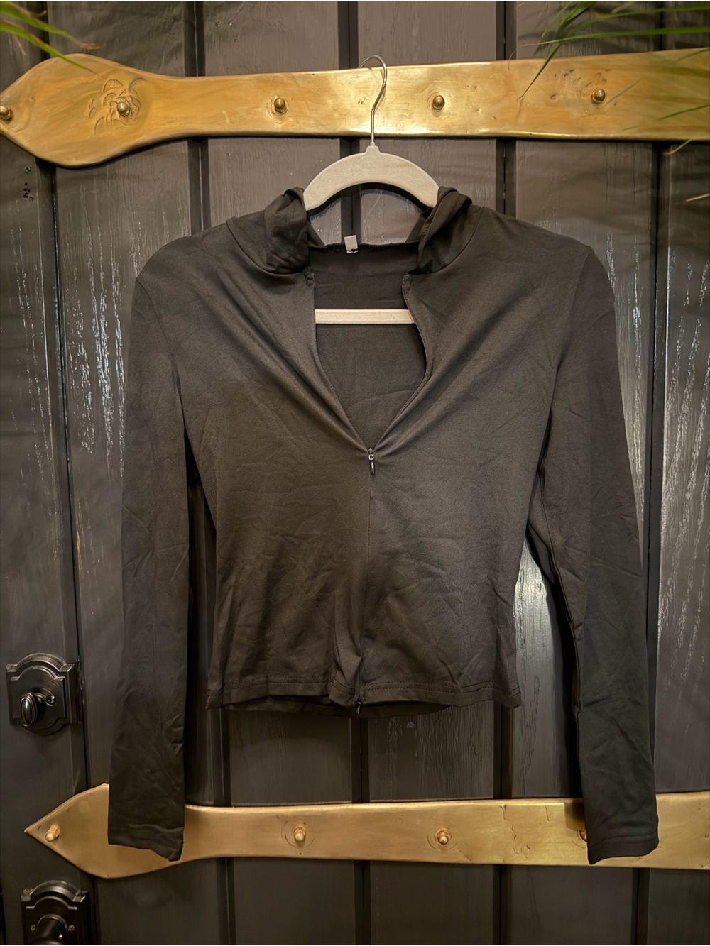 New Black Women's Long Sleeve Zip up Front cropped scuba hoodie top Activewear M